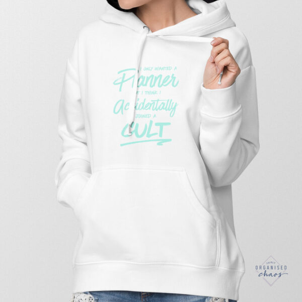 planner cult model hoodie white mint