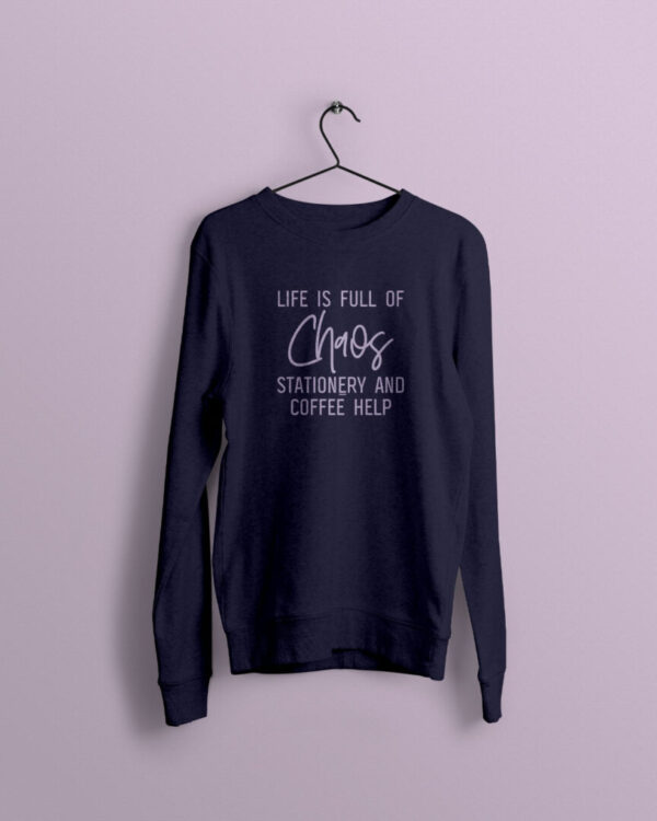 Life is Chaos Navy Jumper with Lavender Print