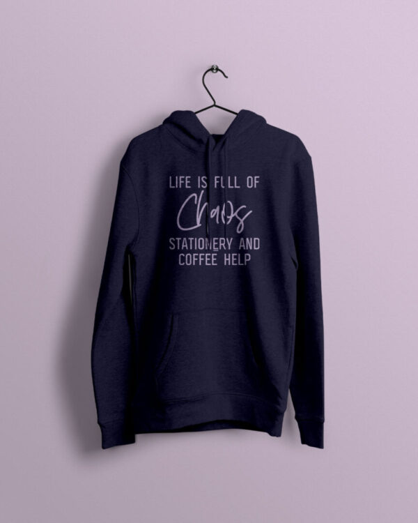 Life is Chaos Navy Hoodie with Lavender Print