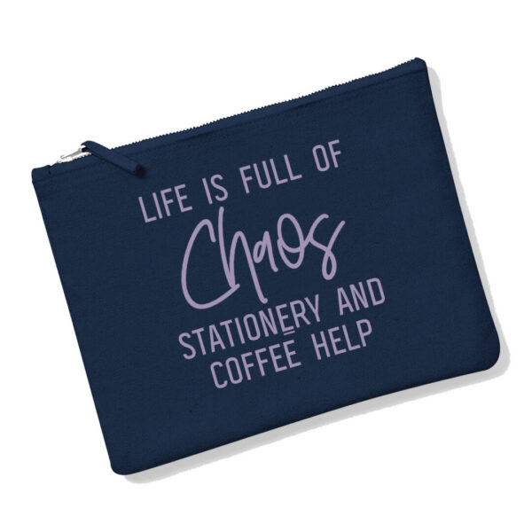 Life is Chaos Navy Pouch with Lavender Print