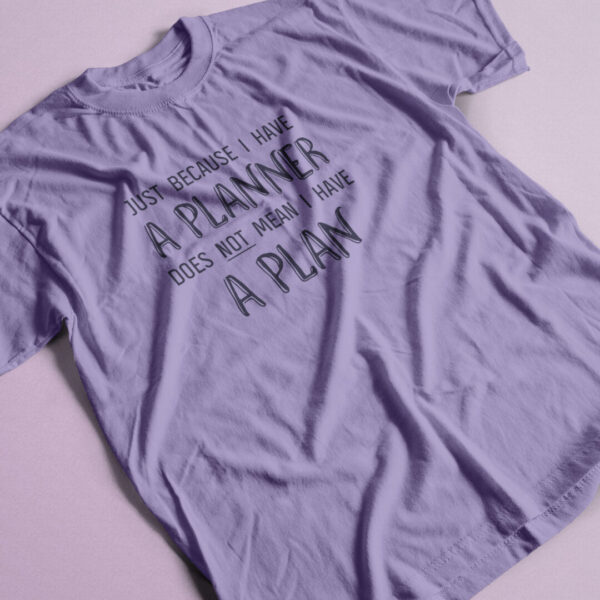 I have a planner lavender t-shirt with navy print