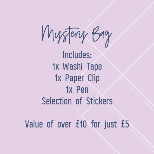 £5 mystery bag includes, washi tape, paper clip, pen and an assortment of stickers. Over £10 value for just £5